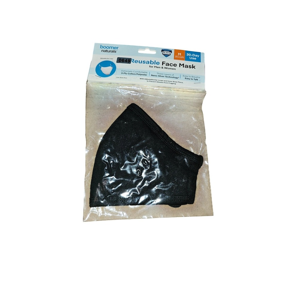 Boomer Naturals Reusable Face Mask Black Medium 3-Ply Cotton Nano-Silver #649
